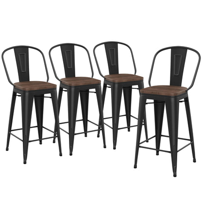 Yongqiang Barstools Set of 4 Counter Height Bar Stools for Kitchen Island Farmhouse Metal High Back Bar Chairs Wooden Seat 24" Matte Black