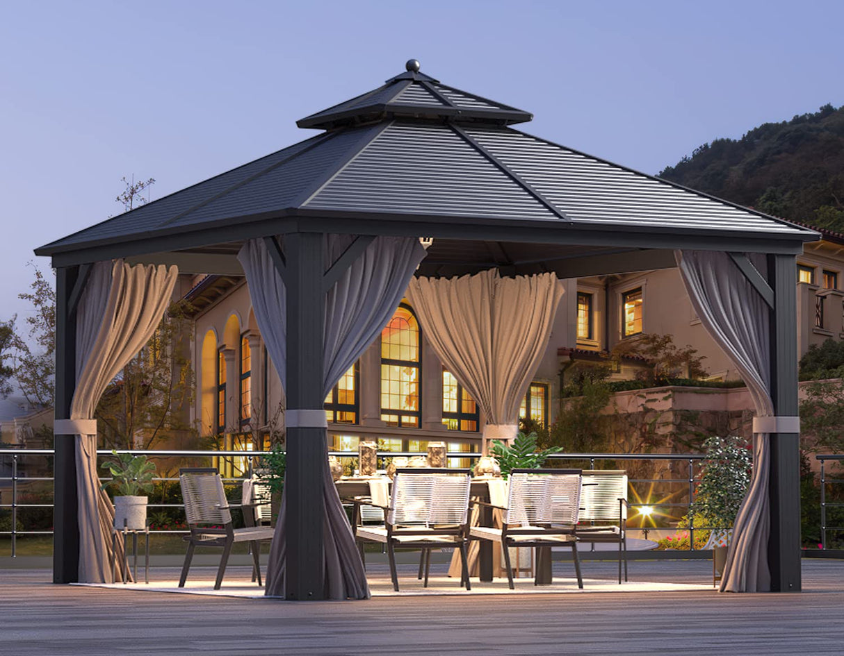 MELLCOM 12' x 12' Hardtop Gazebo, Galvanized Steel Double Roof Outdoor Gazebo, Aluminum Frame Metal Gazebo with Netting and Curtains for Patios, Gardens, Lawns Brown MELLCOM