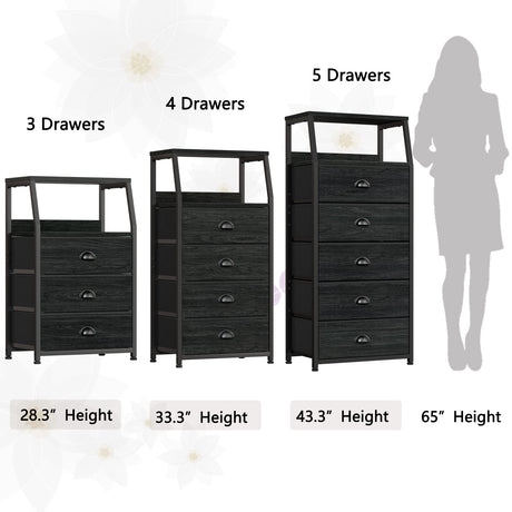 Furnulem Black Night Stand, Small Dresser for Bedroom, Nightstand with 3 Fabric Storage Drawers and 2-Tier Shelf, End Table Side Furniture for Closet, Hallway, Nursery, Sturdy Steel Frame, Wood Top Furnulem