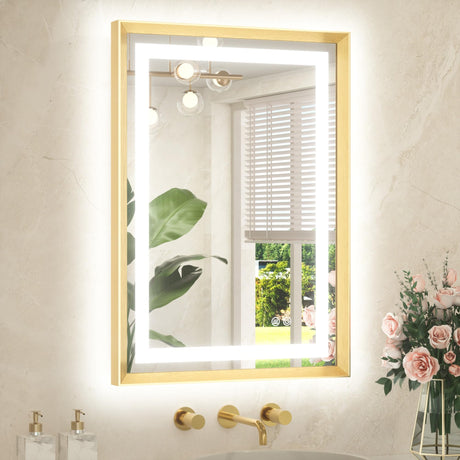TETOTE 22 x 30 Bathroom LED Mirror Brushed Gold Metal Frame Frontlit & Backlit Vanity Mirror Anti-Fog Stepless Dimmable 3 Colors White/Warm/Natural Mirror with Lights Wall-Mounted TETOTE