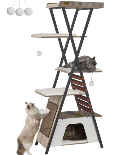 FourFurPets 72.4" Cat Tree, Modern Cat Tower for Indoor Cats, Multi-Level Cat Condo with Caves, Tall Cat Tree with Cat Scratching Board, Wooden Cat Tower with Large Perch, Removable Pads, Camel Brown