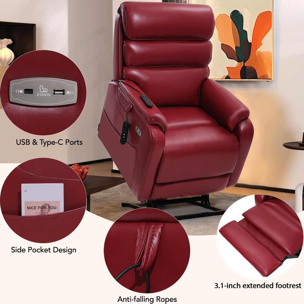 EONIX Dual Motor Lay Flat Power Lift Recliner Chair for Elderly, Breathable Faux Leather Electric Lift Chairs for Adults, 400lbs Heavy Duty Power Recliner with Heat and Massage, SLRY003061, Burgundy EONIX