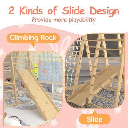 Indoor Jungle Gym, Montessori Climbing Toys, Toddler Indoor Playground Set 8-in-1 with Swing, Armband, Rock Climb Wall, Slide, Monkey Bar, Wood & Rope Ladder, Rope Wall Ladder for Kids 1-8yrs - WoodArtSupply