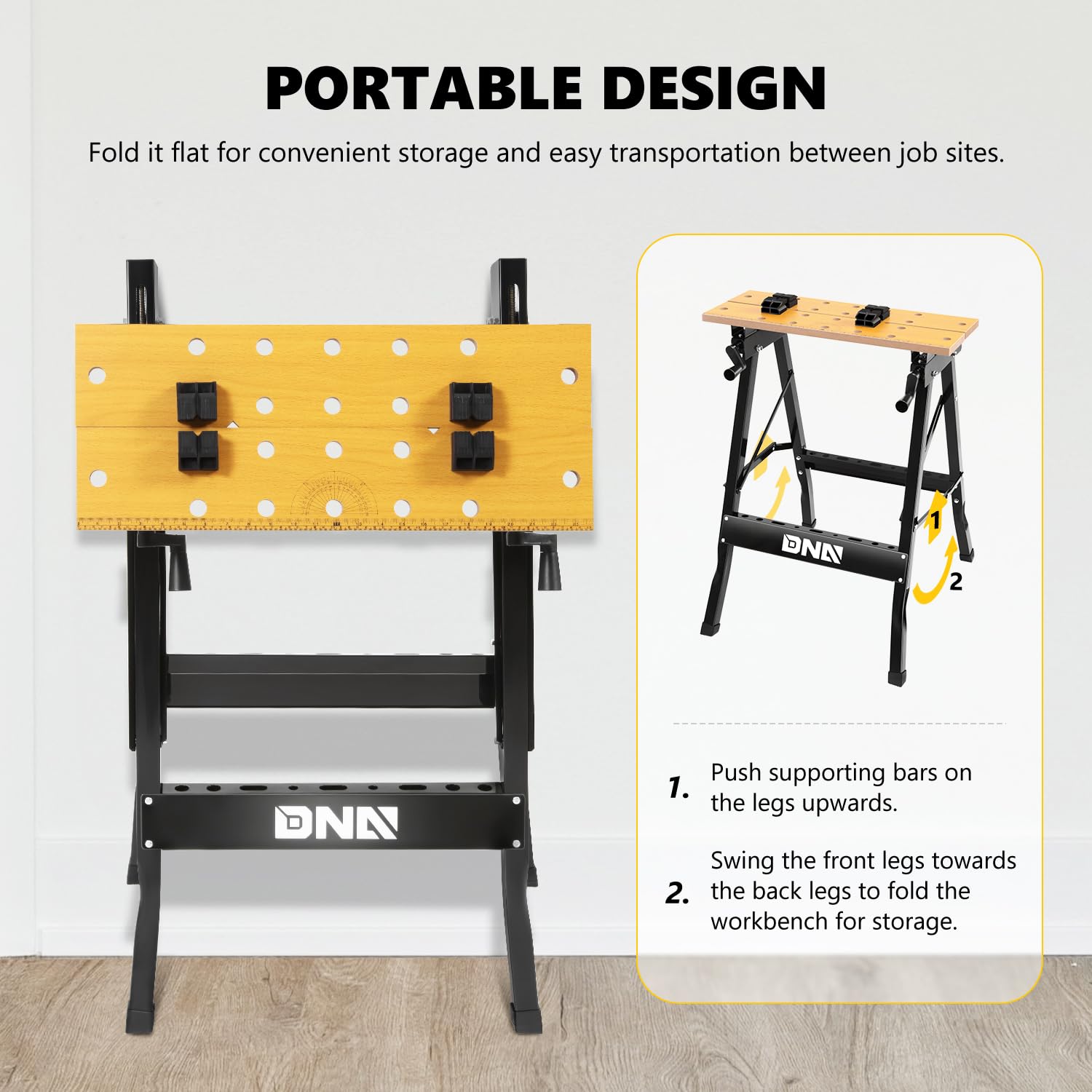 DNA MOTORING Adjustable Workbench - Portable Foldable Multi-Purpose, with Measuring Ruler and Protractor - Ideal for Garage, Home, DIY, and Carpentry,TOOLS-00455 - WoodArtSupply