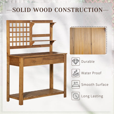 Outsunny Potting Bench Table, Garden Work Bench, Outdoor Wooden Workstation with Tiers of Shelves and Drawer for Patio, Courtyards, Balcony, Brown Outsunny