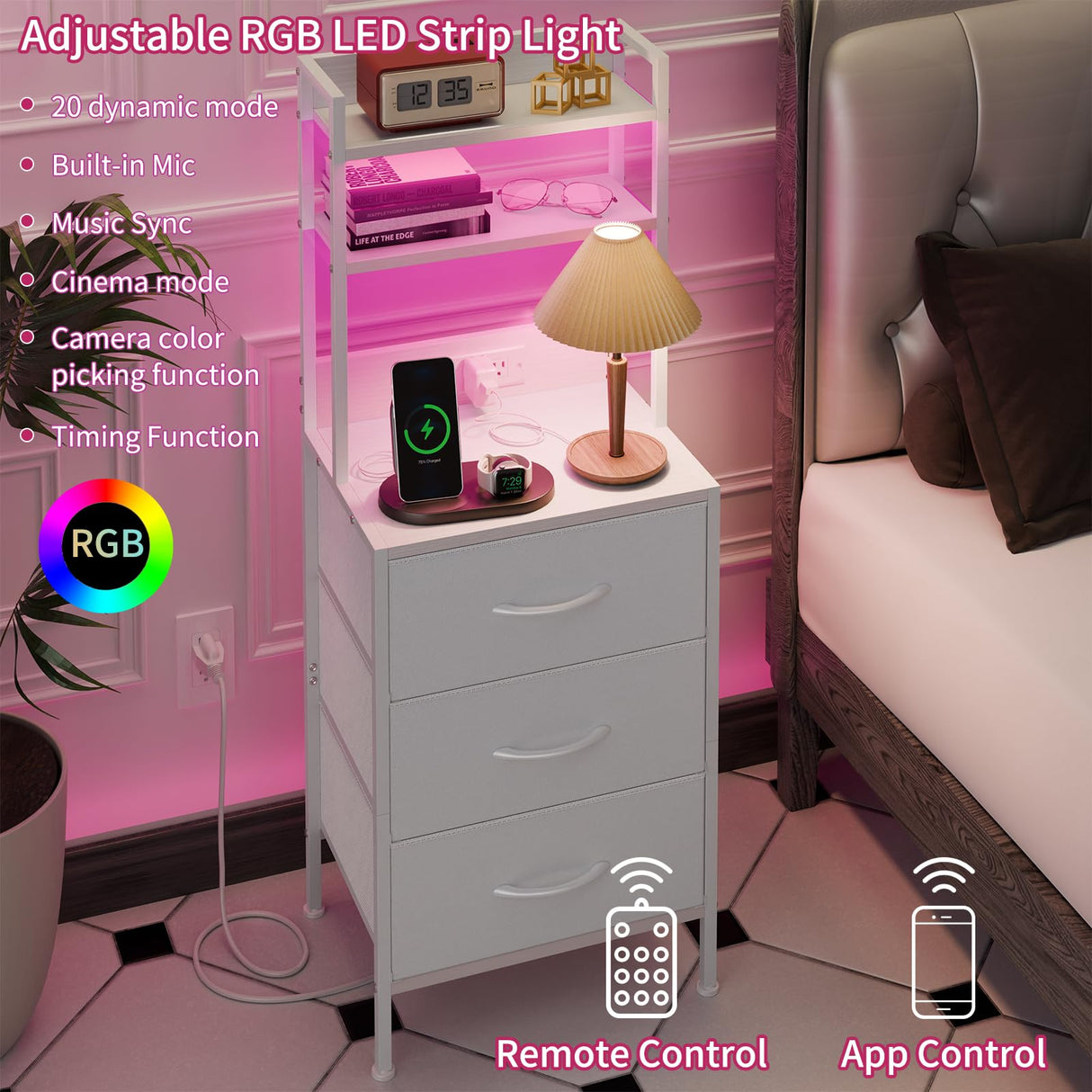 Fixwal Tall Nightstand with Charging Station, 41 Inch Led Night Stand with U-S-B Port & Socket, 3 PU Finished Fabric Storage Drawers, Office, Bed Side Table & Bookshelf in One, White Fixwal