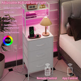 Fixwal Tall Nightstand with Charging Station, 41 Inch Led Night Stand with U-S-B Port & Socket, 3 PU Finished Fabric Storage Drawers, Office, Bed Side Table & Bookshelf in One, White Fixwal