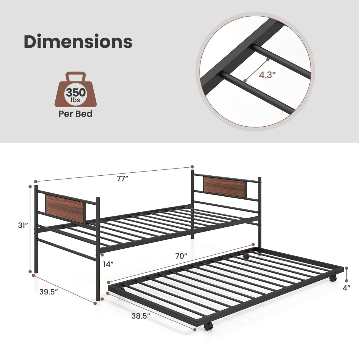 Giantex Metal Daybed with Trundle, Twin Size Day Bed with Wood Grain Headboard & Metal Slat Support, Space-Saving Trundle Sofa Bed for Living Room Guest Room, Easy Assembly, No Box Spring Needed Giantex