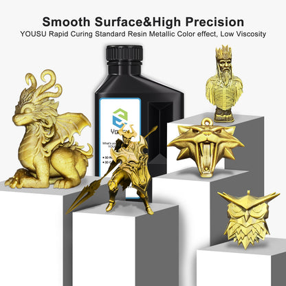 YOUSU 3D Printer Metallic Resin,Fast Curing 3D Metal Printing Bronze Resin 1KG, Magical Metallic Effect Photopolymer Brass Color Resin for LCD DLP 3D Printing (1000g,Metal Gold)