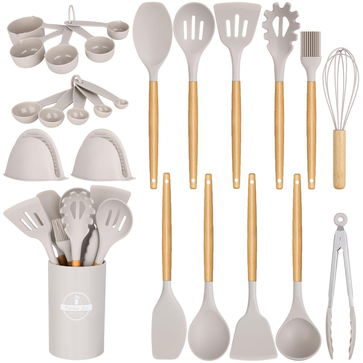 24 Pcs Kitchen Cooking Utensils Set,446°F Heat Resistant Non-Stick Silicone Kitchen Utensil Set With Wooden Handles and Holder,Kitchen Gadgets for Cookware,Kitchen Accessories,Khaki Hoenart