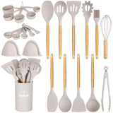 24 Pcs Kitchen Cooking Utensils Set,446°F Heat Resistant Non-Stick Silicone Kitchen Utensil Set With Wooden Handles and Holder,Kitchen Gadgets for Cookware,Kitchen Accessories,Khaki Hoenart