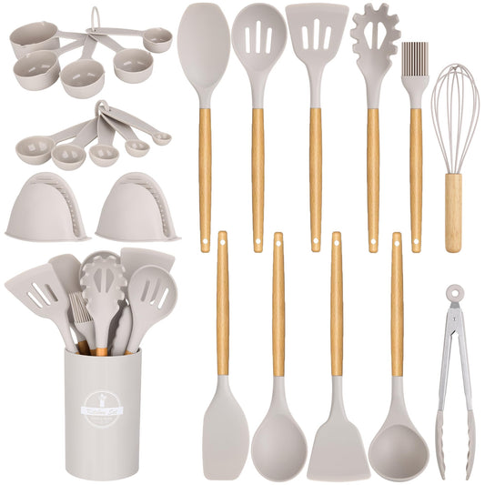 24 Pcs Kitchen Cooking Utensils Set,446°F Heat Resistant Non-Stick Silicone Kitchen Utensil Set With Wooden Handles and Holder,Kitchen Gadgets for Cookware,Kitchen Accessories,Khaki