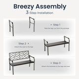 PHI VILLA 43 Inch Cast Iron Steel Frame Outdoor Garden Bench, Patio Furniture Chair Bench w/Line Pattern Design Backrest, Slatted Seat for Park, Yard, Porch - Black PHI VILLA