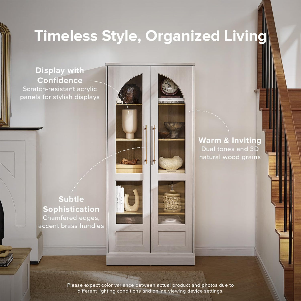 mopio Blake Tall Display Cabinet, Kitchen Buffet Pantry Cupboard, Trophy Display Case, Storage Cabinet Scratch Resistant Acrylic, Modern Farmhouse Curio Organizer (White Oak Arched, Single) mopio