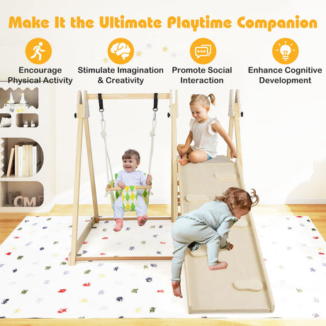HONEY JOY Kids Indoor Jungle Gym, 4-in-1 Toddler Climbing Toy w/Baby Swing, Climber, Ladder, Climbing Ramp, Resting Platform, Wooden Montessori Playground Playset for Kids Aged 1+ (Natural) HONEY JOY
