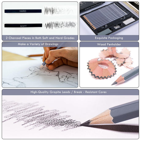 HNIHUY Professional Sketch Pencils Set, 17 Pcs, Graphite Pencils (8B-4H), Erasers and Sharpener, Art Drawing Pencil for Artists Beginner Sketching WoodArtSupply
