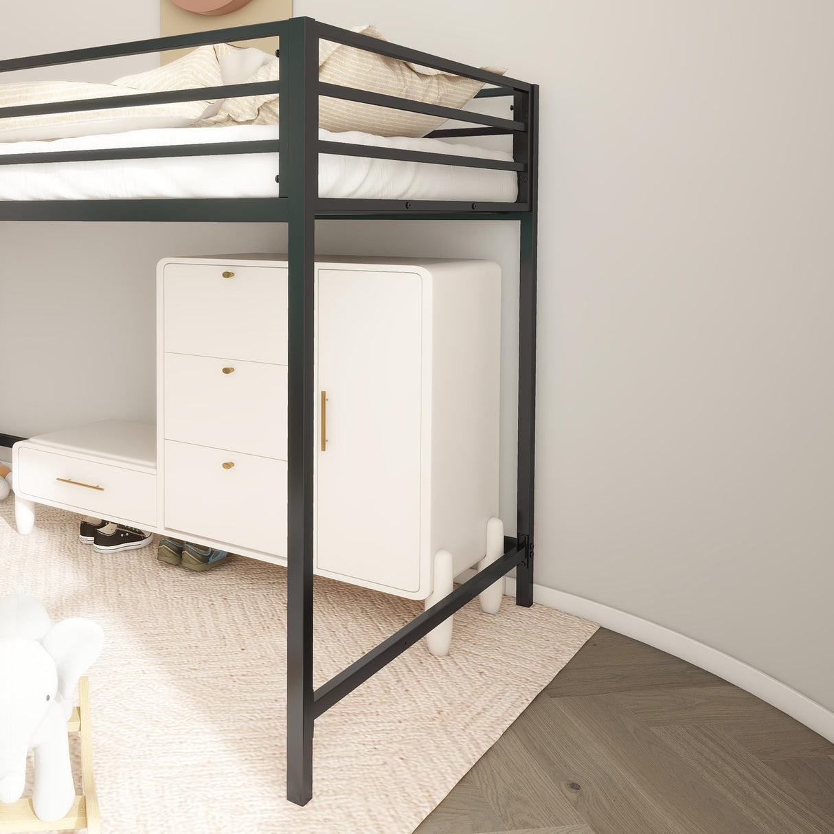 Twin Size Low Loft Bed for Kids,Metal Loft Bed Frame for Boys Girls,Kids Loft Bed Twin Size,Junior Low Loft Bed, Black Bellemave