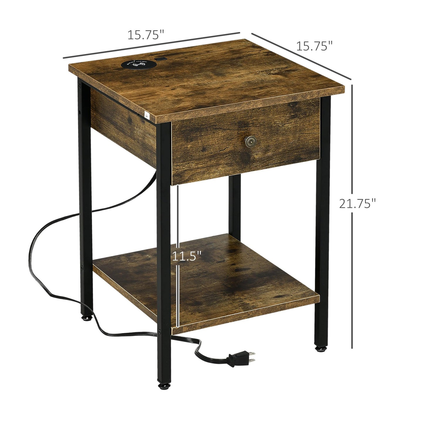 HOMCOM End Table with Wireless Charging Station and 2 USB Ports, Small Side Table with 2-Tier Storage, Drawer for Living Room, Bedroom, Rustic Brown - WoodArtSupply