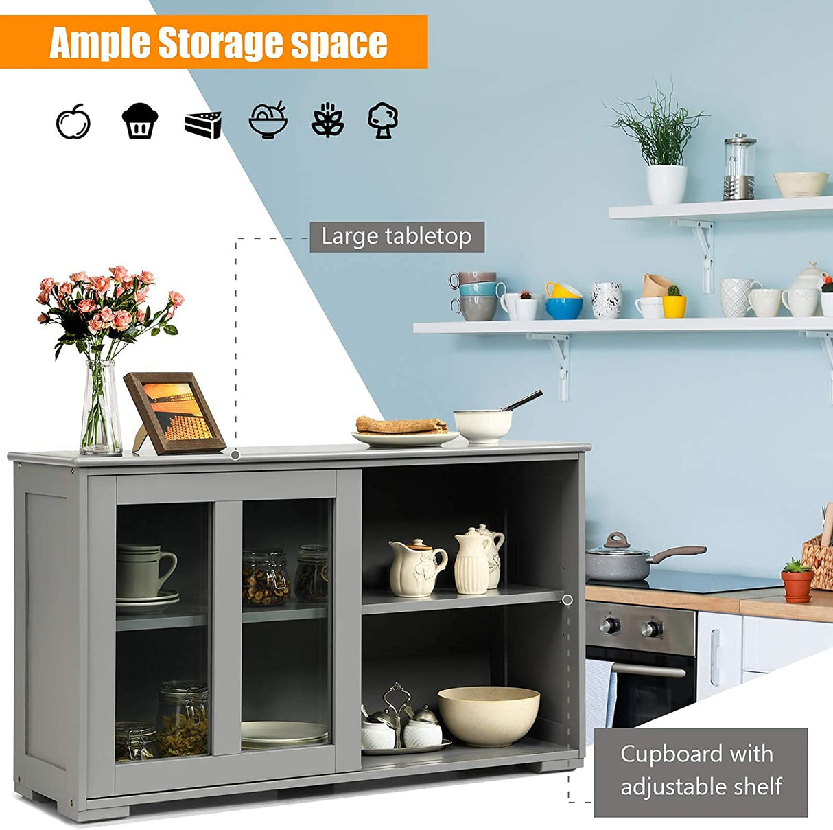 CHEFJOY Sideboard Buffet Cabinet, Stackable Cupboard Storage Table with Adjustable Shelf & Glass Sliding Doors, Wooden Credenza Coffee Bar Cabinet for Kitchen/Dining Room/Living Room/Entryway (Grey) CHEFJOY