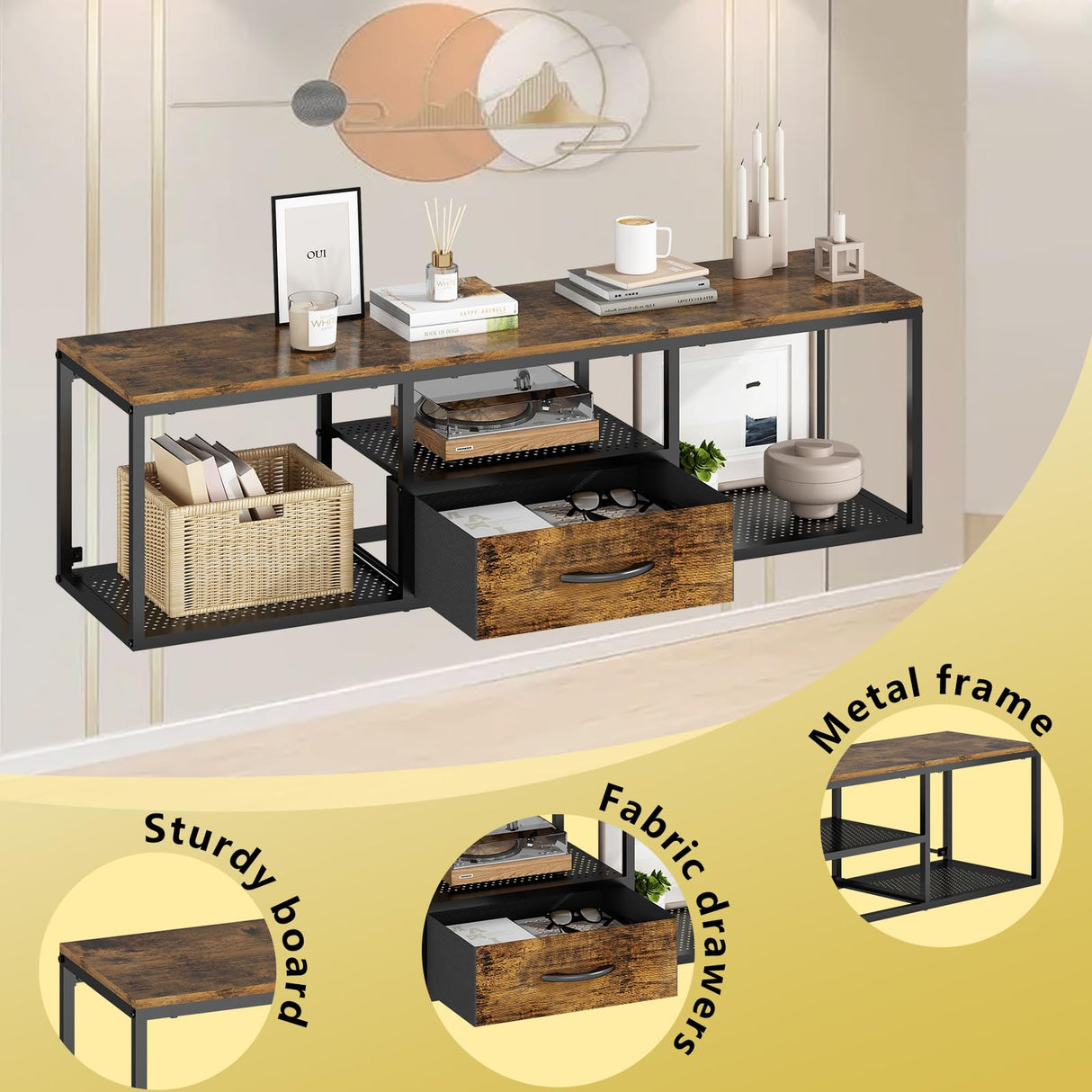 Wisdom Star Floating Wall TV Stand, TV Shelf with Storage Cabinet, Wall Mounted TV Cabinet Entertainment Television Center for TV up to 50 inch, for Living Room, Bedroom, Metal Wisdom Star