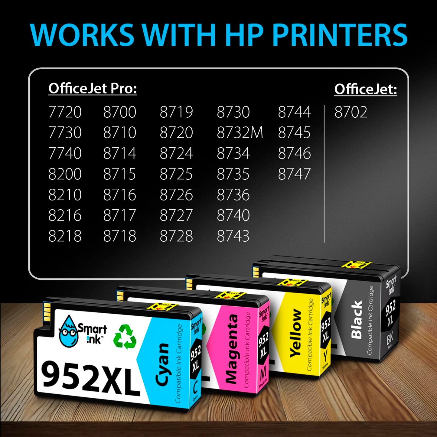 Smart Ink Compatible Ink Cartridge Replacement for HP 952XL 952 XL (4 Combo Pack) to use with OfficeJet Pro 8710 8720 7740 8210 8715 7720 8702 8725 8740 8730 8700 8200 (Black, Cyan, Magenta, Yellow)