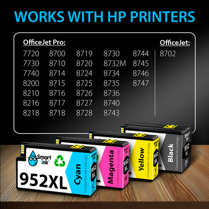 Smart Ink Compatible Ink Cartridge Replacement for HP 952XL 952 XL (4 Combo Pack) to use with OfficeJet Pro 8710 8720 7740 8210 8715 7720 8702 8725 8740 8730 8700 8200 (Black, Cyan, Magenta, Yellow)