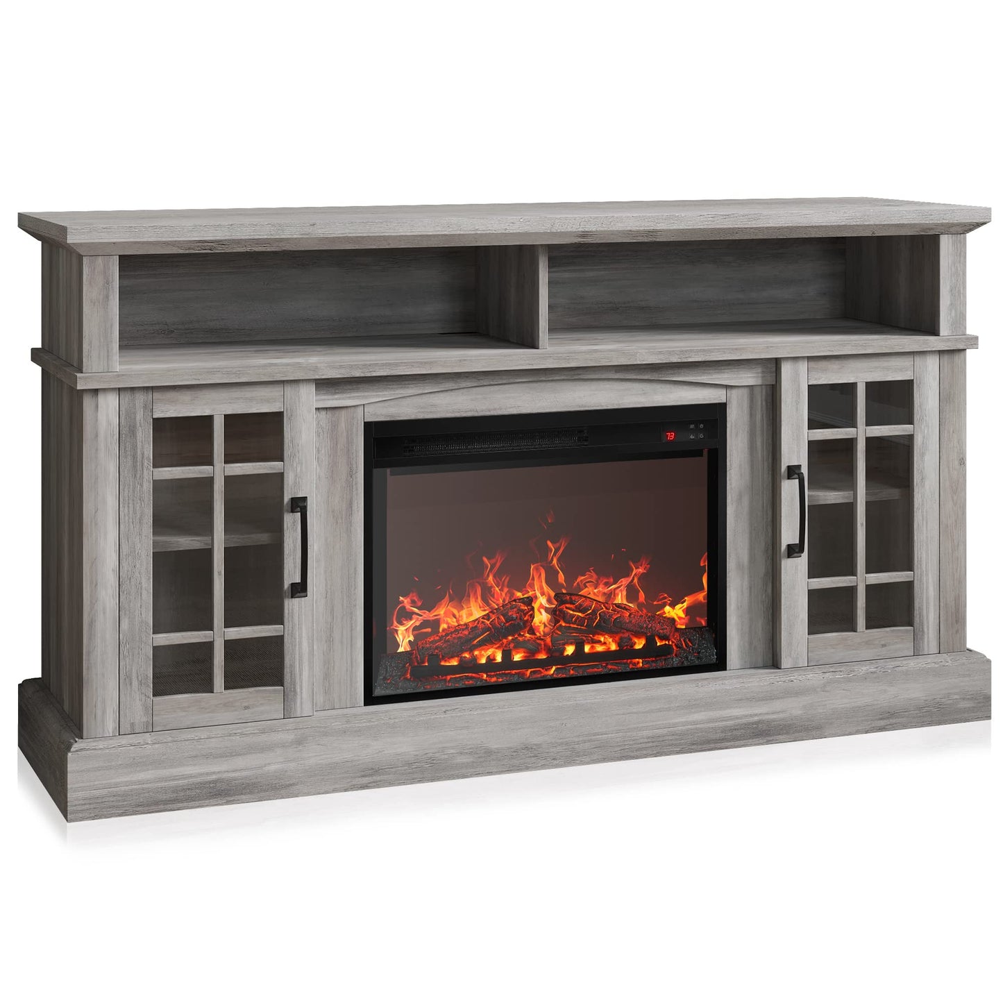 BELLEZE Traditional 58" Rustic TV Stand with 23" Electric Fireplace Heater with Sound, Media Entertainment Center Console Table for TV up to 65" with Open Storage Shelves and Cabinets - Grey Wash