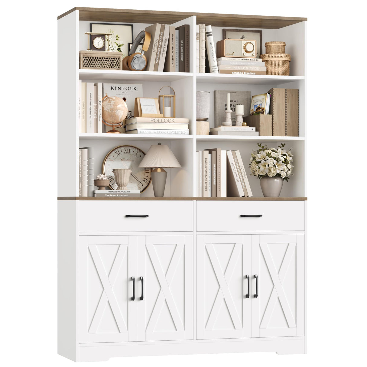 HOSTACK 69" Tall Book Shelf and Bookcase, 47" Wide Bookshelf with Doors and Drawers, 6 Tier Large Wood Bookcases with Storage Cabinet, Modern Farmhouse Display Shelf for Living Room, Office, White HOSTACK