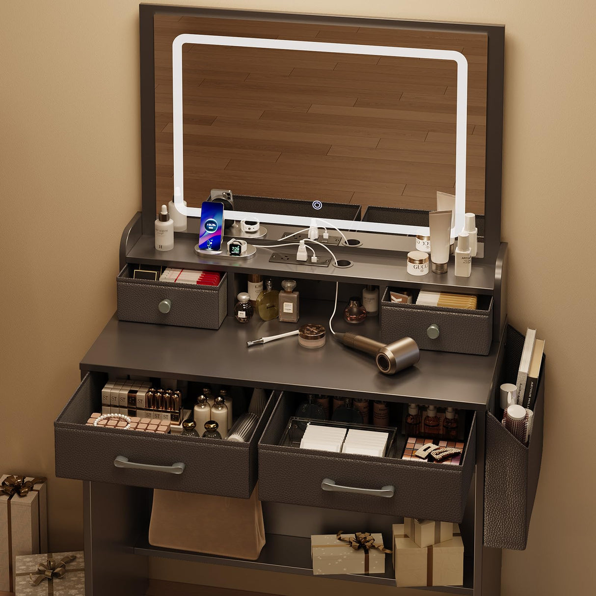 Rolanstar Vanity Desk with LED Lighted Mirror, Makeup Vanity with 4 Fabric Drawers, Power Outlet, Modern Vanity Desk for Bedroom & Dressing Room, Black Rolanstar