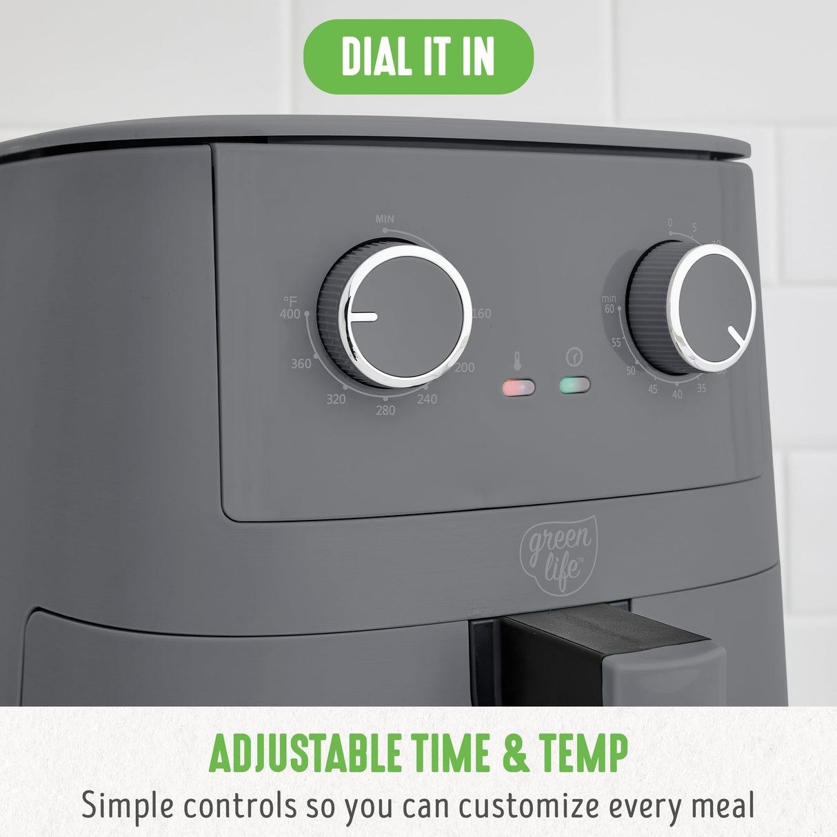 GreenLife 4.5QT Mechanical Air Fryer, PFAS-Free Ceramic Nonstick Crisper Drawer, Adjustable Temperature Timer Dial, LED Indicator, Holiday Gifting, Dishwasher Safe, Compact Kitchen Essential, Graphite GreenLife