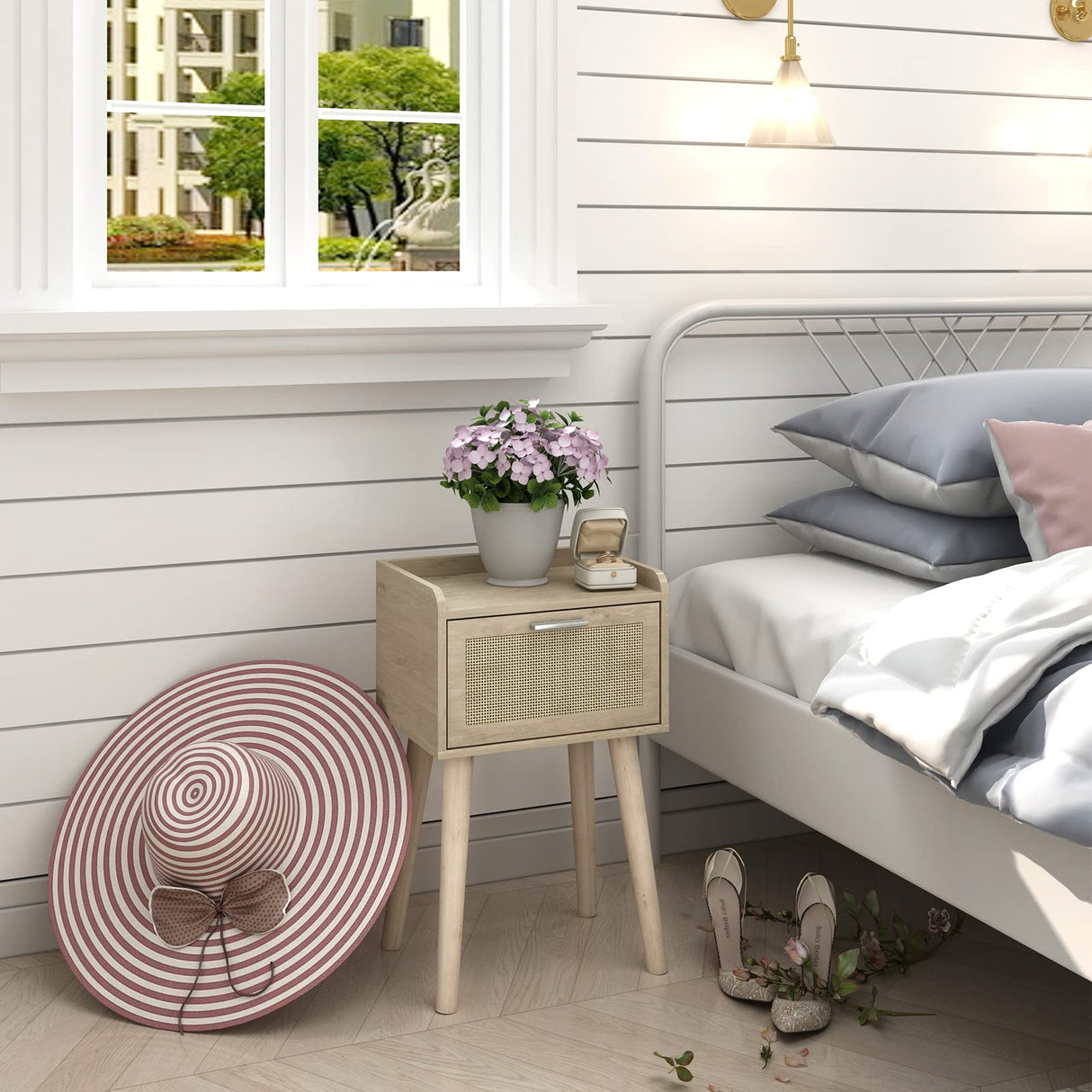 LAATOOREE Nightstand Set of 2, Small Bedside Table, End Table with Rattan Door, Boho Side Table with Solid Wood Legs for Bedroom Living Room Small Space LAATOOREE