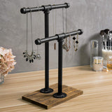 MyGift 2-Tier Urban Rustic Metal Industrial Pipe & Brown Wood T-Bar Necklace Jewelry Stand MyGift