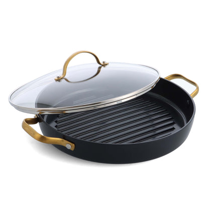 GreenPan Reserve Hard Anodized Healthy Ceramic Nonstick, 11" Grill Pan with Lid, Gold Handle, PFAS-Free, Dishwasher Safe, Black