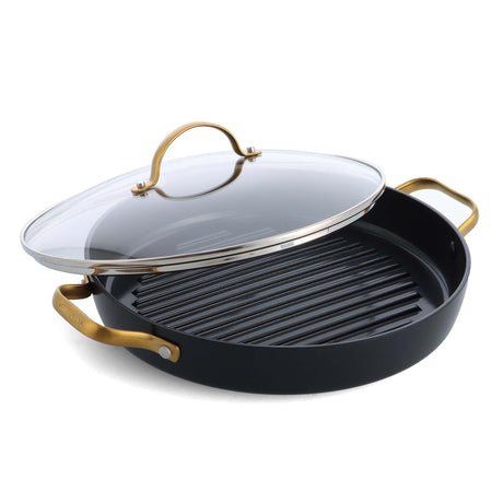 GreenPan Reserve Hard Anodized Healthy Ceramic Nonstick, 11" Grill Pan with Lid, Gold Handle, PFAS-Free, Dishwasher Safe, Black GreenPan