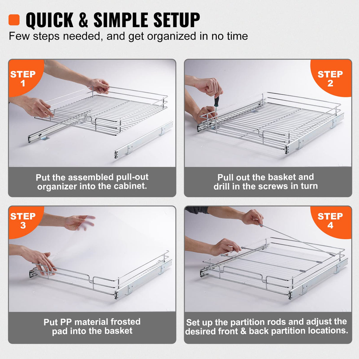 VEVOR 17"W x 21"D Pull Out Cabinet Organizer, Heavy Duty Slide Out Pantry Shelves, Chrome-Plated Steel Roll Out Drawers, Sliding Drawer Storage for Home, Inside Kitchen Cabinet, Bathroom, Under Sink VEVOR