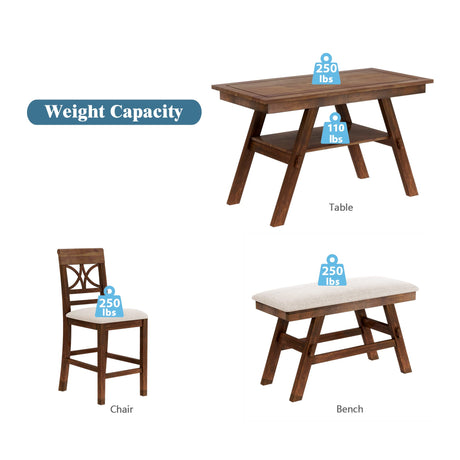 Kitchen Dining Table Set 6 Piece Wooden Counter Height Dining Table Set with Storage Shelf, Rectangular Dining Table with 4 Upholstered Chairs and 1 Bench, Rustic Style, Walnut with Beige Cushion Merax