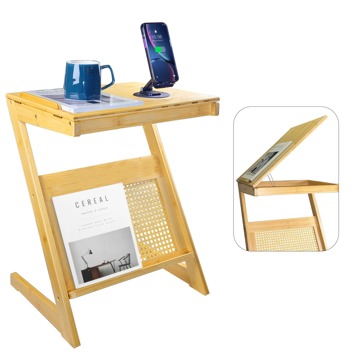 Rattan NightStand Side Table with Adjustable Board Z Shaped End Table for Couch Mid Century Modern Boho NightStand Side Table Bamboo Coffee Side Table for Living Room Bedroom Sofa Small Spaces Natural RKVPCNE