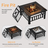Flamaker Outdoor Fire Pit 32 Inch Patio Square Metal Firepit with Cover Poker & Grate Wood Burning Fireplace Backyard Stove for Outside Heating Camping Flamaker