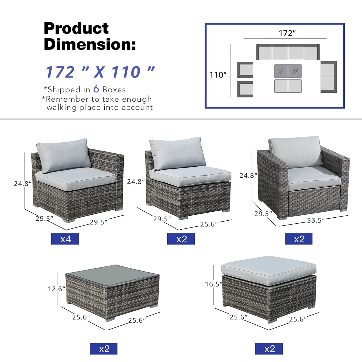 Patiorama 12 Piece Patio Furniture Set, Outdoor Sectional Sofa, All-Weather Grey PE Wicker Rattan Conversation Set, Patio Couch Furniture Set w/Coffee Table for Balcony Garden Pool(Light Grey Cushion) Patiorama
