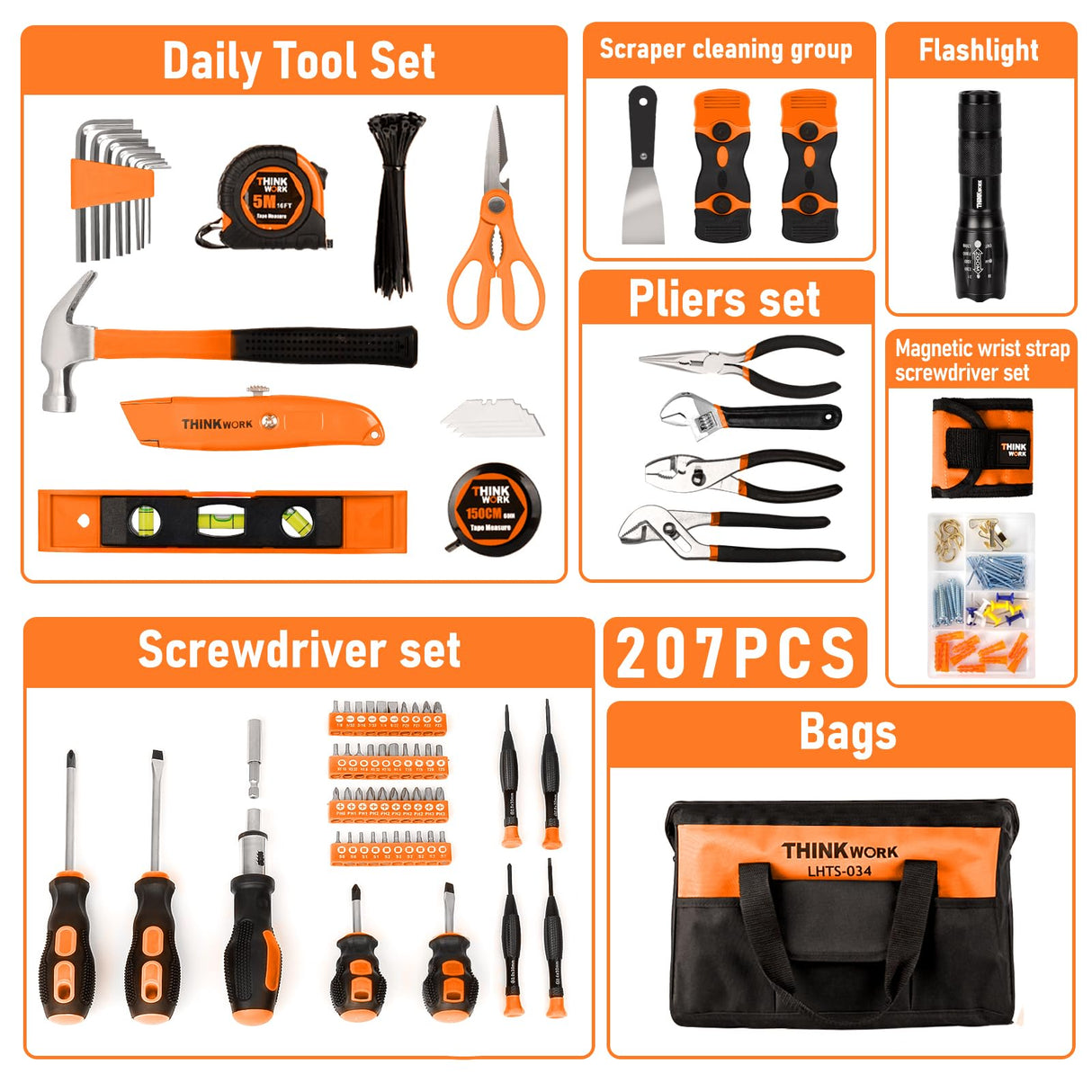 THINKWORK Tool Set - 207 Piece Portable Home Repairing Tool Kit, General Household Hand Tool Set with 13'' Wide Mouth Open Storage Tool Bag, Perfect for DIY, Home Maintenance, Handyman - Gift for Men THINKWORK