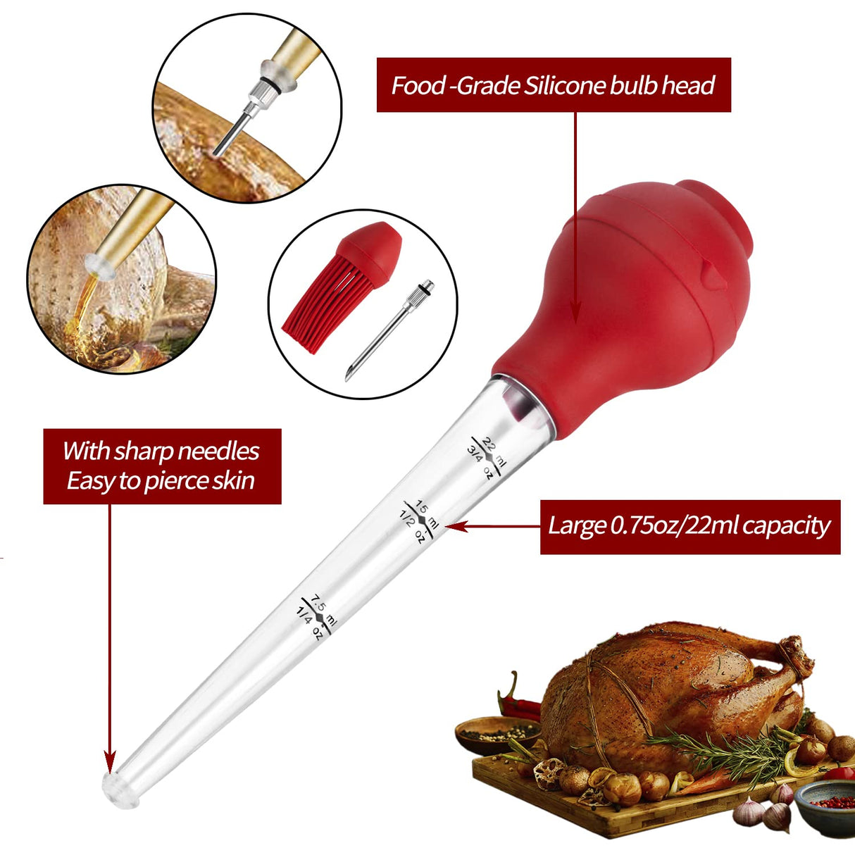 JY COOKMENT Turkey Baster with Barbecue Basting Brush, Baster Syringe for Home Baking and Roaster Turkey, Include Detachable Food Grade Silicone Bulb, Meat Injector Needle and Cleaning Brush JY COOKMENT