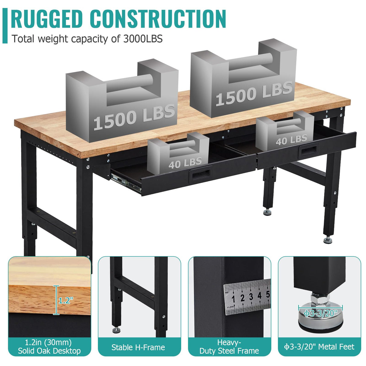 60 Inches Workbench, Rubber Wood Tabletop Work Table with 2 Drawers & Pegboard, 3000 LBS Heavy Duty Adjustable Height Work Bench with Power Outlets for Workshop, Office, Garage TROPOW