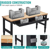 60 Inches Workbench, Rubber Wood Tabletop Work Table with 2 Drawers & Pegboard, 3000 LBS Heavy Duty Adjustable Height Work Bench with Power Outlets for Workshop, Office, Garage TROPOW