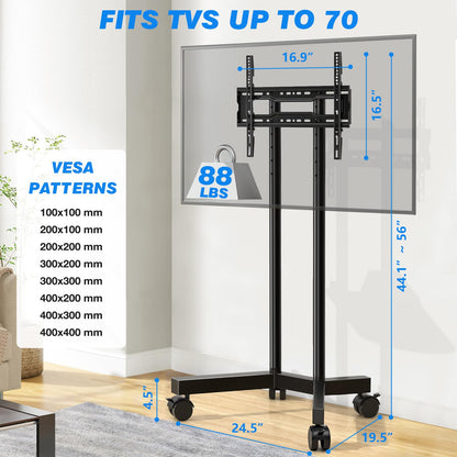 Rfiver Rolling TV Stand for 32-70 Inch TVs, Mobile TV Stand with Upgraded Wheels up to 88lbs, Height Adjustable Mobile TV Cart on Wheel, Portable TV Stand for Bedroom, Living Room, Home, Office