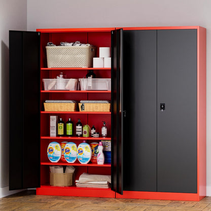 MIIIKO Metal Storage Cabinet with Locking Doors, 72" Tall Steel Cabinets with 5 Shelves, Red Garage Storage Cabinet Heavy Duty, 18" Deep Locker Cabinet for Office Pantry Workshops