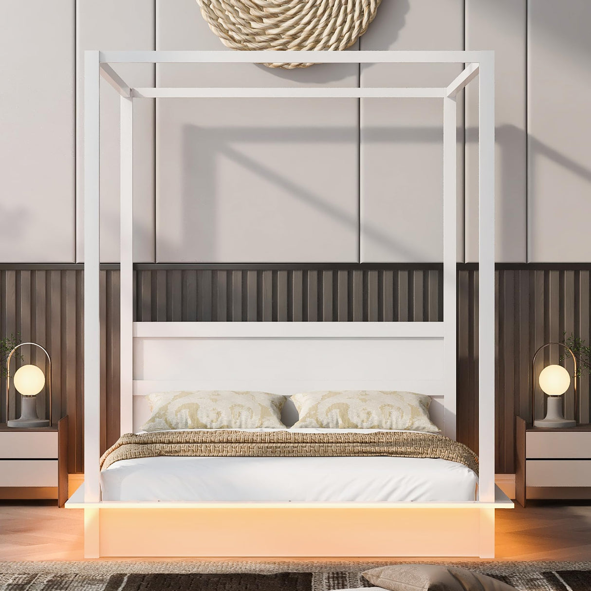 Queen Size Canopy Bed with LED Light, Solid Wood Canopy Platform Bed with Support Slats, Mattress Foundation Bed Platform, No Box Spring Needed, White RuiSiSi