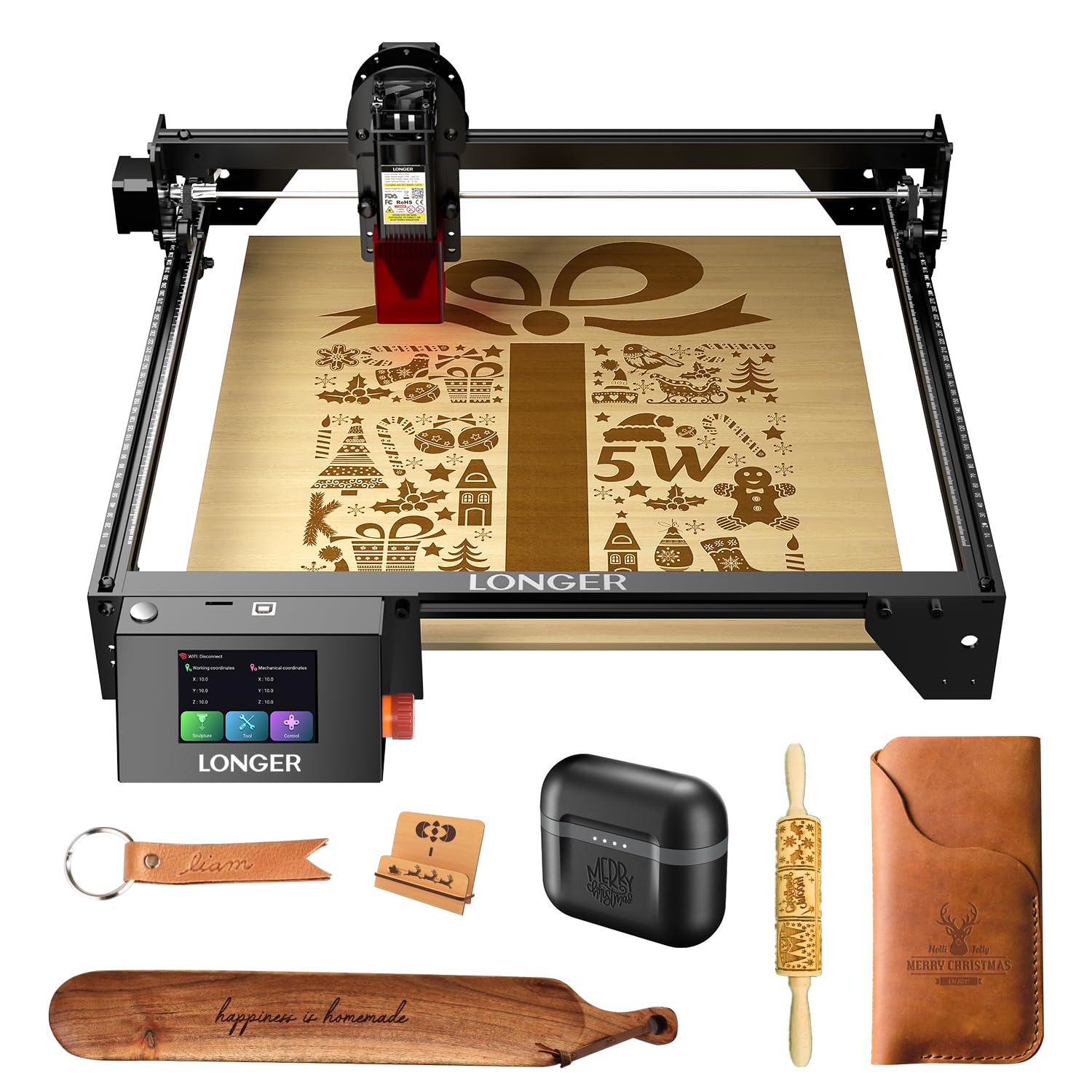 LGT LONGER RAY5 5W Laser Engraver, 40W Laser Engraving and Cutting Machine for Wood,Metal, Acrylic, Leather and Glass, 3.5-inch Color Touch Screen, Offline Engraving/Cutting - WoodArtSupply