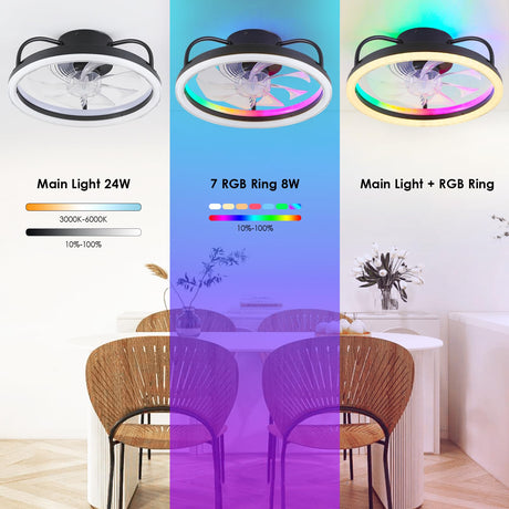 Ceiling Fans with Lights - Modern Flush Mount Ceiling Fan,16" RGB Dimmable LED Enclosed Ceiling Fans,Low Profile Bladeless LED-RGB Ambient Light for Bedroom Kids Room Party（Black） Mpayel
