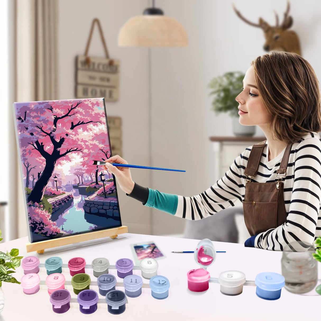 JOOZ Cherry Blossom Paint by Numbers Kit for Adults Framed Lake Paint by Number with Easel DIY Sakura Oil Painting by Numbers Adult Paint by Number Kits on Canvas Framed for Home Wall Decor 8x12 Inch JOOZ