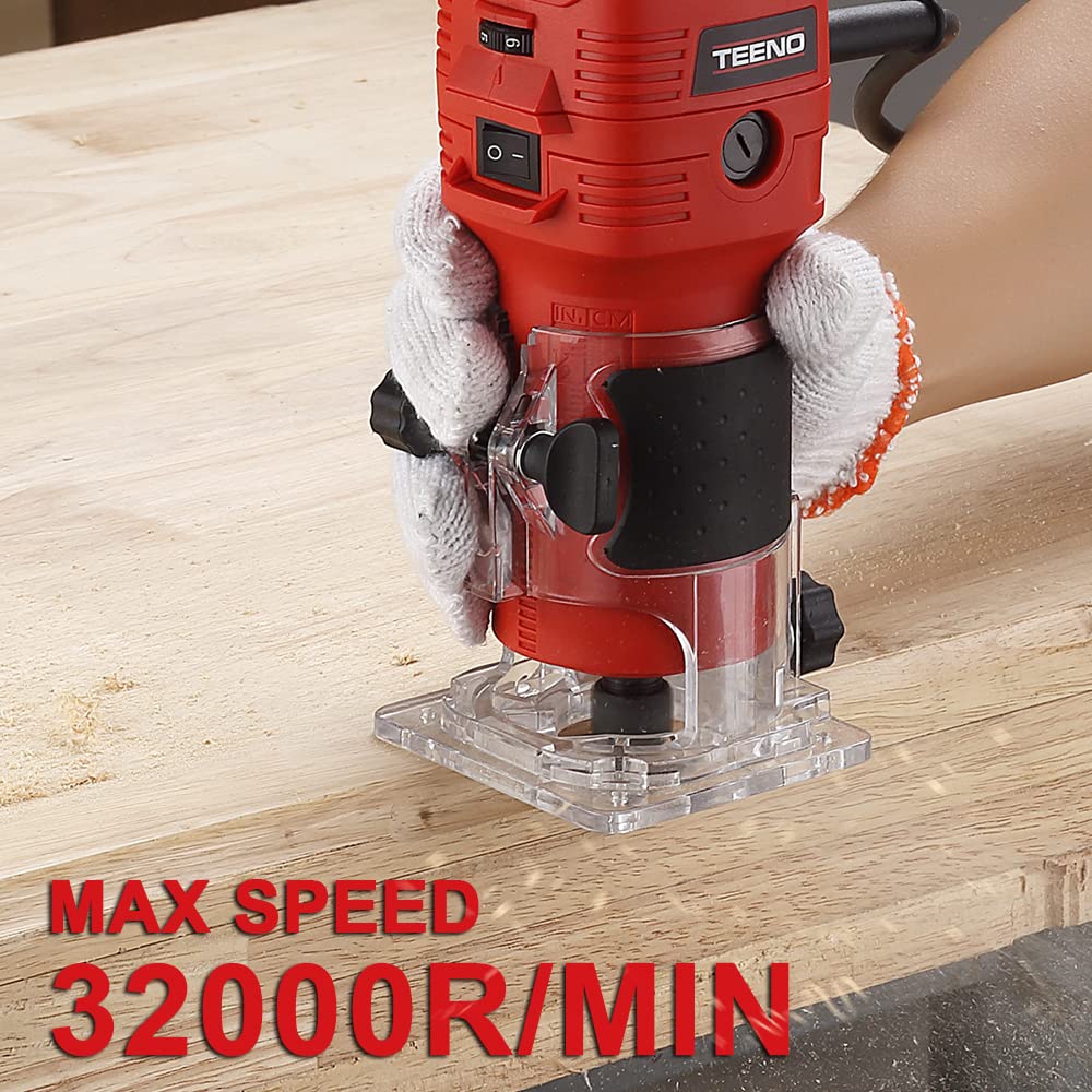 TEENO Wood Router, 650W 110V Compact Router Tools for Woodworking, 32000 RPM Hand Trim Router with 1/4" Router Bits Set, 6 Variable Speeds, Edge Guide, Roller Guide TEENO